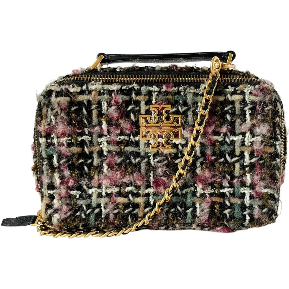 Tory Burch Britten Tweed Small Top Handle Case Bag Crossbody Black Pink